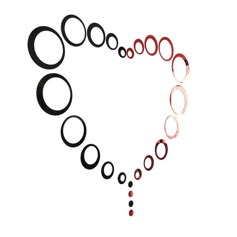 Heart design with 24Pcs Acrylic Circle Mirror Wall Stickers Set for DIY Home Decor, Dope Black and Red Reflective Decals