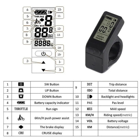 KT-LCD4 Ride-Ready Bicycle Display Meter with diagram and control buttons, waterproof LCD, tachometer style for electric bikes.