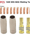 MIG MAG Welding Torch Consumables Kit 14 Piece 14AK Compatible Gas Nozzle Contact Tips Nozzle Holder, Pro Grade Copper