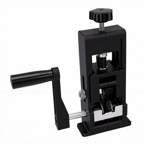 Jiawu Mini Electrical Wire Stripper For Drill Compact Dual Operation Hand Crank Stripping Tool precise black metal design side view.