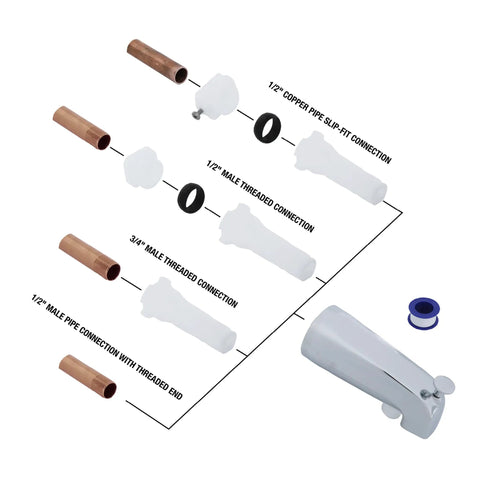 Chrome Diverter Tub Spout With Handheld Shower Fitting, Universal Fit For Most Bathtubs, Includes 2 To 3 Inch Long One Half Inch Copper Slip-On Pipe Adapters, Replaces Leaky Spout, No Fuss Install, Pack Of 1 diagram showing connections and adapters