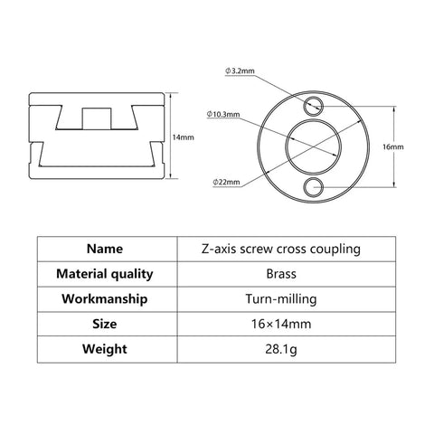 Smooth 16mm Oldham Coupling For Z Axis Screw Hot Bed Reduces Printing Swing And Ghosting Vibration On CNC 3D Printer With Flexible Shaft Drive System brass 16x14mm drawing