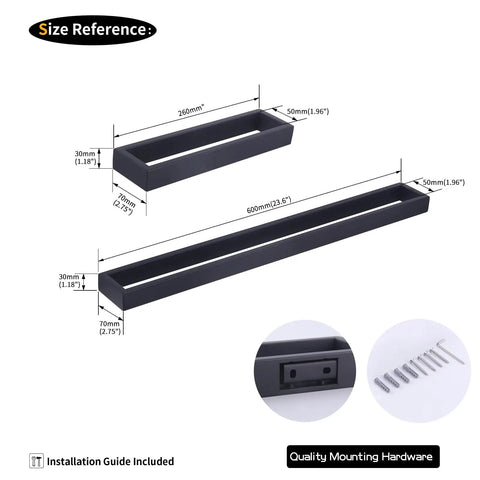 Size reference for Matte Black 2 Piece Bathroom Hardware Set with 24 Inch Towel Bar and Towel Ring, SUS 304 Stainless Steel.