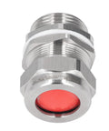 Explosion proof stainless steel cable gland with red seal for electrical junction boxes, IP66 weatherproofing for harsh environments.