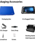 Tough As Nails Eight Inch Windows 10 Industrial Tablet with accessories, including packaging box, charger, carry strap, and docking station.