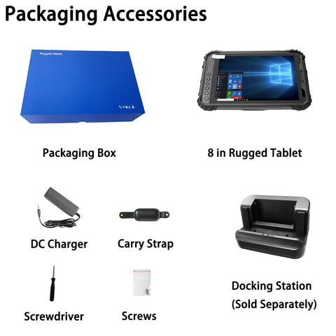 Tough As Nails Eight Inch Windows 10 Industrial Tablet with accessories, including packaging box, charger, carry strap, and docking station.