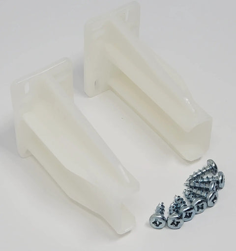 Pack Of Two White Drawer Slide Rear Socket Brackets Euro Cabinet Replacement Hardware With Slick Adjustability Heavy Duty Mounts For Right And Left Sides No Sweat Installation with screws.