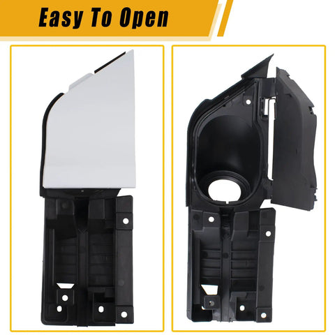 Ford Transit Fuel Filler Door Assembly With White Cover For 2015 To 2023 Transit 150 250 350 350HD Gas Door Cap Replacement CK4Z-5427936-A shown in open and closed position
