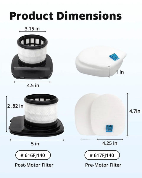 Product dimensions of 8 Pack Post Motor And Pre Filter Set For IX141 IX140 IZ140 IZ140C IZ142 UZ145 Vacuum Cleaners Includes 2 Post Filters And 6 Foam And Felt Pre Filters Replacement Huxowni Filters A Full Year Supply In One Purchase, showing post-motor and pre-motor filters.