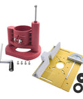 Precision Router Table Insert Plate With Heavy Duty Router Lift System And Durable Bakelite Fence Easy Mount Flip Gate Upgrade For Woodworking Shops Rock Solid Game Changer Tool parts including a red router base, yellow plate, screws, and washers.