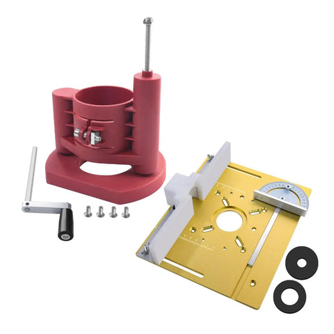 Precision Router Table Insert Plate With Heavy Duty Router Lift System And Durable Bakelite Fence Easy Mount Flip Gate Upgrade For Woodworking Shops Rock Solid Game Changer Tool parts including a red router base, yellow plate, screws, and washers.