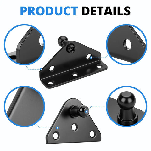 Detailed view of 10mm Ball Stud Mounting Bracket Kit For Gas Shock Strut Prop Lift Support showing black mounts and ball studs