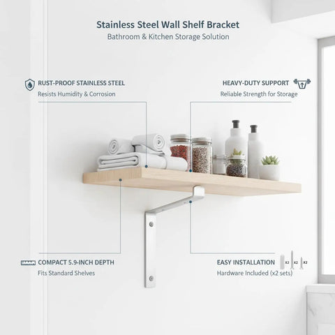 Rock Solid Stainless Steel Wall Mount Bracket For 5.9 Inch Shelves, Great For Bathroom And Kitchen Storage, displayed with towels.