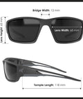 Kazbek Torque Polarized Anti Fog Vapor Shield Safety Glasses with Smoke Lens dimensions shown: bridge 12mm, lens 65mm, temple 118mm