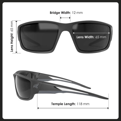 Kazbek Torque Polarized Anti Fog Vapor Shield Safety Glasses with Smoke Lens dimensions shown: bridge 12mm, lens 65mm, temple 118mm