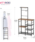 Dimensions of Espresso Bakers Rack With Storage For Coffee Bar And Kitchen Station Shelves Top Surface For Small Appliances 8 Hooks And Baskets Adjustable Feet Multipurpose Coffee Bar Cabinet For Dining Room And Pantry