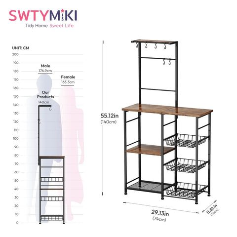 Dimensions of Espresso Bakers Rack With Storage For Coffee Bar And Kitchen Station Shelves Top Surface For Small Appliances 8 Hooks And Baskets Adjustable Feet Multipurpose Coffee Bar Cabinet For Dining Room And Pantry