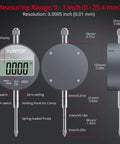 Boss Level Digital Dial Indicator With Magnetic Base, 0 To 1 Inch Range, 0.0005 Inch Resolution, Inch Metric Electronic Indicator diagram