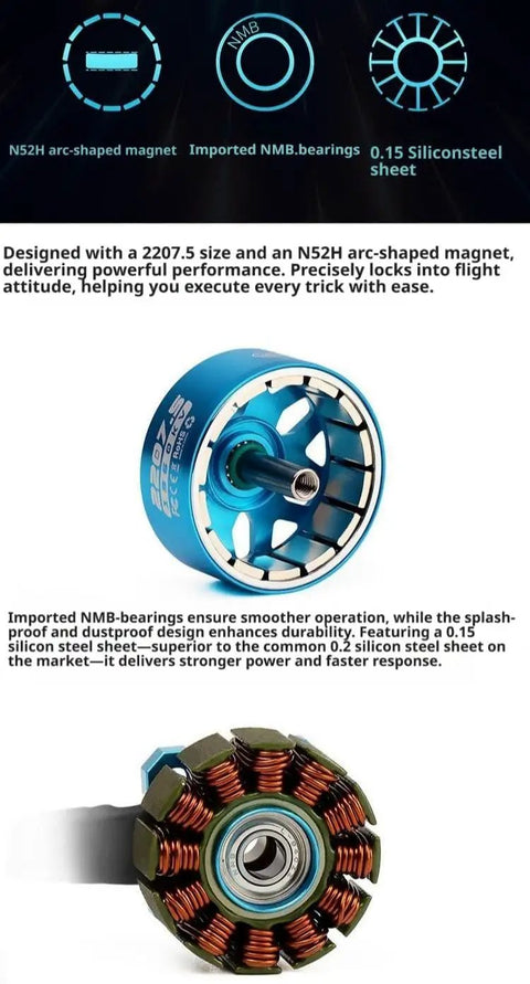 Beefed Up 2207.5 1860Kv Brushless Motor For 6S FPV Drone with efficient power delivery and durable build showcasing its internal components