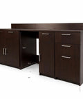No Sweat Breakroom Cabinet With Mini Fridge Cutout And Three Spacious Drawers Fully Assembled Coffee Prep Station, dark wood finish.