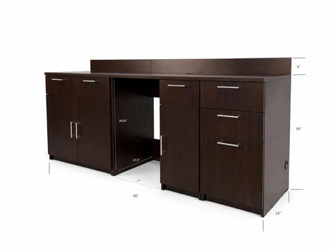 No Sweat Breakroom Cabinet With Mini Fridge Cutout And Three Spacious Drawers Fully Assembled Coffee Prep Station, dark wood finish.