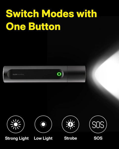 Tiny But Mighty LED Flashlight Rechargeable USB C, side view with mode button glowing green, showing beam and mode icons.