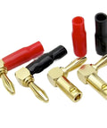 10 Pack 4mm Right Angle Banana Plugs Gold Plated Connectors with Soft Plastic Sheath and Wire Holes, 90 Degree Bend, Red