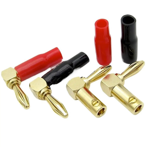 10 Pack 4mm Right Angle Banana Plugs Gold Plated Connectors with Soft Plastic Sheath and Wire Holes, 90 Degree Bend, Red