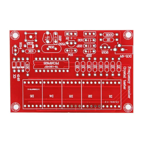 DIY Crystal Oscillator Frequency Counter Tester Kit 1Hz to 50MHz circuit board with labeled red layout for assembly