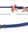 25 Foot One Quarter Inch Cable Management Sleeve Protector Expandable Braided PET Wire Loom blue, shown natural and extended