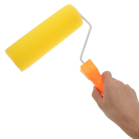 Textured Sponge Paint Roller For Wall Painting With Ergonomic Handle showing yellow sponge head and orange handle, ideal for easy painting.