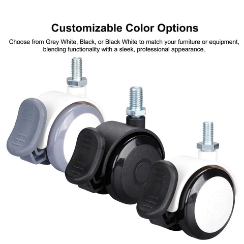 Premium 2 Inch Twin Wheel Casters With M10 Threaded Stem And Sure Grip Brake Rolls Real Smooth Pvc Tread Rollers for office furniture in customizable colors.