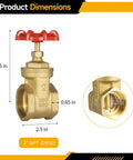 Heavy Duty 2 Inch NPT Brass Gate Valve With Red Wheel Handle Female X Female Thread Manual Rotary Shut Off Valve For Water Oil Gas Plumbing And HVAC Systems High Pressure Leak Proof Flow Control, showing dimensions.