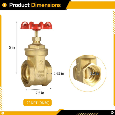 Heavy Duty 2 Inch NPT Brass Gate Valve With Red Wheel Handle Female X Female Thread Manual Rotary Shut Off Valve For Water Oil Gas Plumbing And HVAC Systems High Pressure Leak Proof Flow Control, showing dimensions.