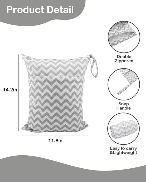 Waterproof Wet Dry Bag Set For Cloth Diapers And Swimwear, Reusable Travel Organizer with zigzag pattern design and handle