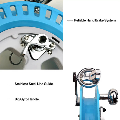Big Kite Reel With Brake For Easy Outdoor Flying showing reliable hand brake system and stainless steel line guide