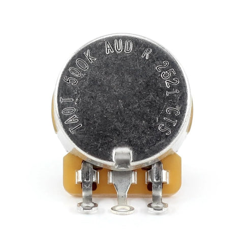 The Art Of Tone CTS 500k guitar potentiometer, front view, short solid shaft, audio taper, 2-pack.
