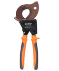 Pro Level Heavy Duty Ratchet Cable Cutter with orange and black grips for slicing wires up to 32mm easily.