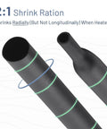 Close-up of black heat shrink tubing showing 2 to 1 shrink ratio and radial shrinkage, part of the Heat Shrink Tubing Kit With 11 Sizes And 2 To 1 Shrink Ratio 580 Pcs In 6 Colors With Storage Case For Wires Electrical Shrink Tubing And Wire Insulation Pro DIY Friendly.