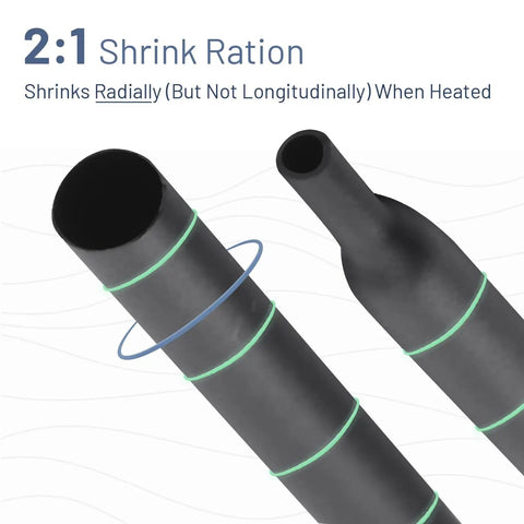 Close-up of black heat shrink tubing showing 2 to 1 shrink ratio and radial shrinkage, part of the Heat Shrink Tubing Kit With 11 Sizes And 2 To 1 Shrink Ratio 580 Pcs In 6 Colors With Storage Case For Wires Electrical Shrink Tubing And Wire Insulation Pro DIY Friendly.
