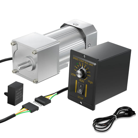 AC gear motor with speed controller; front view, 300W, 110V, 18mm output shaft; silver motor, black control box