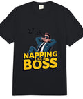 Nap Like A Boss Meme Heavyweight T Shirt For Adults featuring a cartoon manager napping with text, in black fabric.