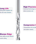 Close-up of silver carbide compression router bit with spiral flutes for CNC milling