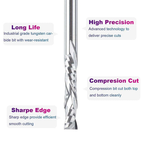 Close-up of silver carbide compression router bit with spiral flutes for CNC milling