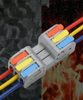 Mini Quick Wire Connectors with push in, lever, and crimp styles for fast, secure electrical wiring, showing two colors connected.