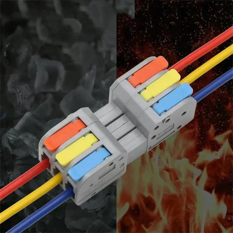 Mini Quick Wire Connectors with push in, lever, and crimp styles for fast, secure electrical wiring, showing two colors connected.