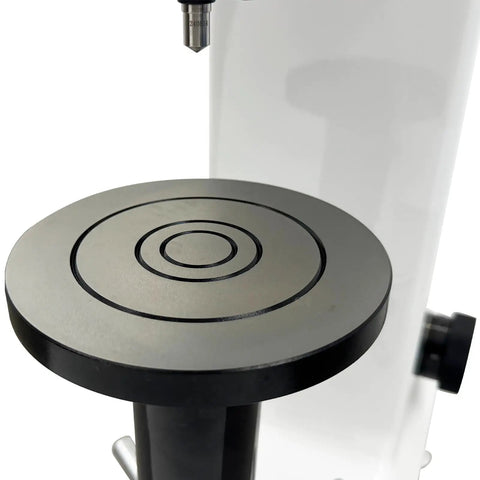 Knockout Precision Digital Rockwell Hardness Tester With Top Shelf Touch Screen LCD and thermal printer, close-up of test platform.