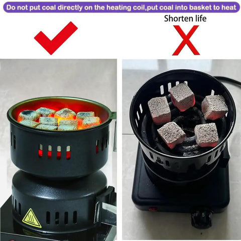 ETL Certified Charcoal Stove With 5 Gear Coal Burner showing correct coal placement in metal basket for safe heating.