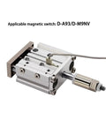 Heavy Duty Compact Guide Rail Pneumatic Cylinder With Adjustable Stroke And Rock Solid Three Axis Rod Mount For Dialing In Snappy 12mm Or 16mm Bore Size Workshop Build Projects Smoothly. Close-up view of pneumatic cylinder with magnetic switch connection.
