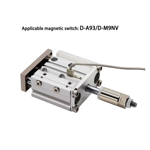 Heavy Duty Compact Guide Rail Pneumatic Cylinder With Adjustable Stroke And Rock Solid Three Axis Rod Mount For Dialing In Snappy 12mm Or 16mm Bore Size Workshop Build Projects Smoothly. Close-up view of pneumatic cylinder with magnetic switch connection.